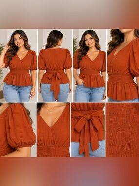 Bobeau Rust Orange Puff Sleeve Tie-Back Peplum Blouse Size M NWT